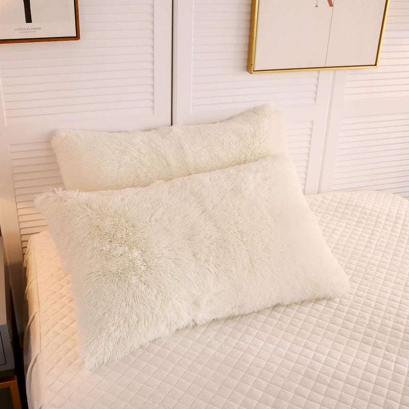 LIFEREVO 2 Pack Cream Faux Fur Pillow Shams,Shaggy Plush Home Decorative Luxury Series Super Soft Furry Pillow Case with Zipper Closure for Home Sofa Couch,Standard (Light Beige,20"x26") - Image 1